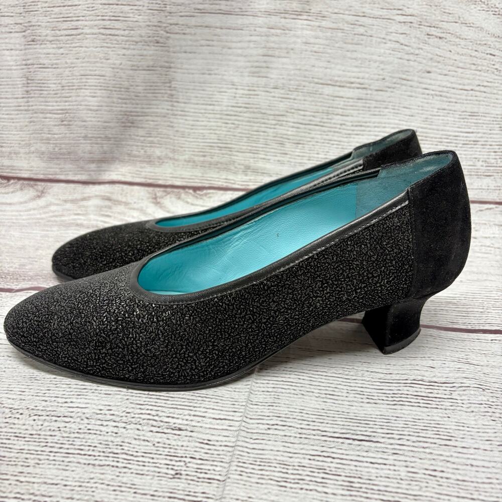 Thierry Rabotin Black Shimmer Suede Pumps Flats Shoes Size 7.5 Handcraft Italian